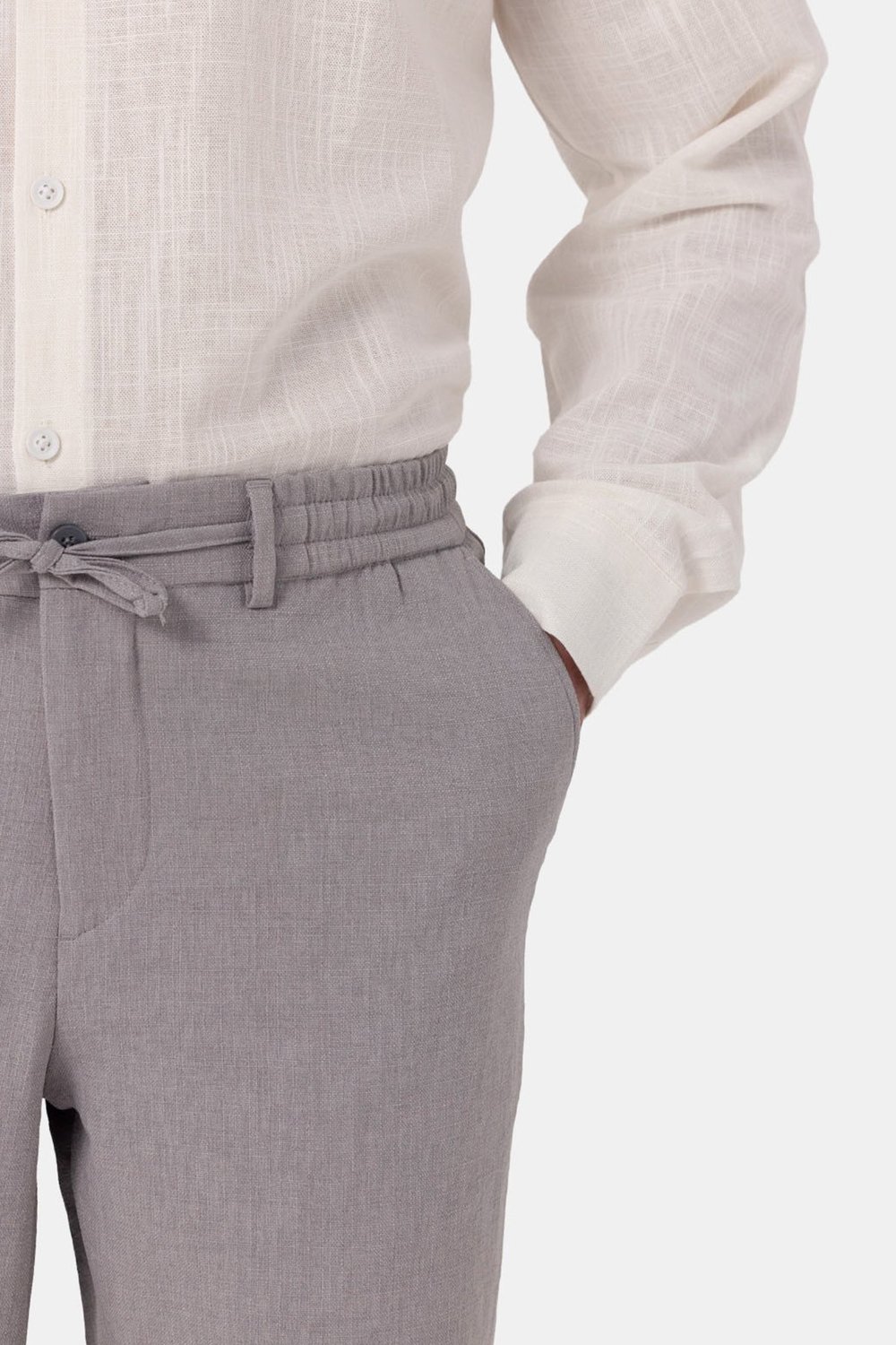 Gri Keten Görünümlü Arka Lastikli Köprü Kemerli Bağcıklı Regular Fit Jogger Pantolon