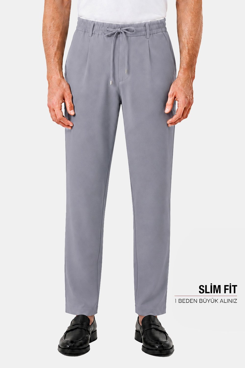 Gri Dokulu Arka Lastikli Köprü Kemerli Bağcıklı Slim Fit Jogger Pantolon
