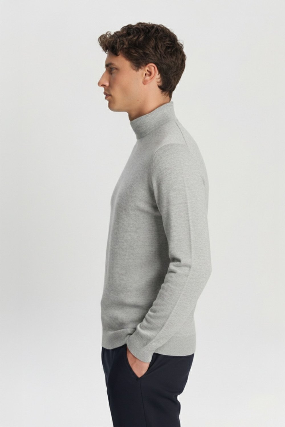 Gri Regular Fit Pamuklu Yarım Balıkçı Yaka Erkek Triko Kazak