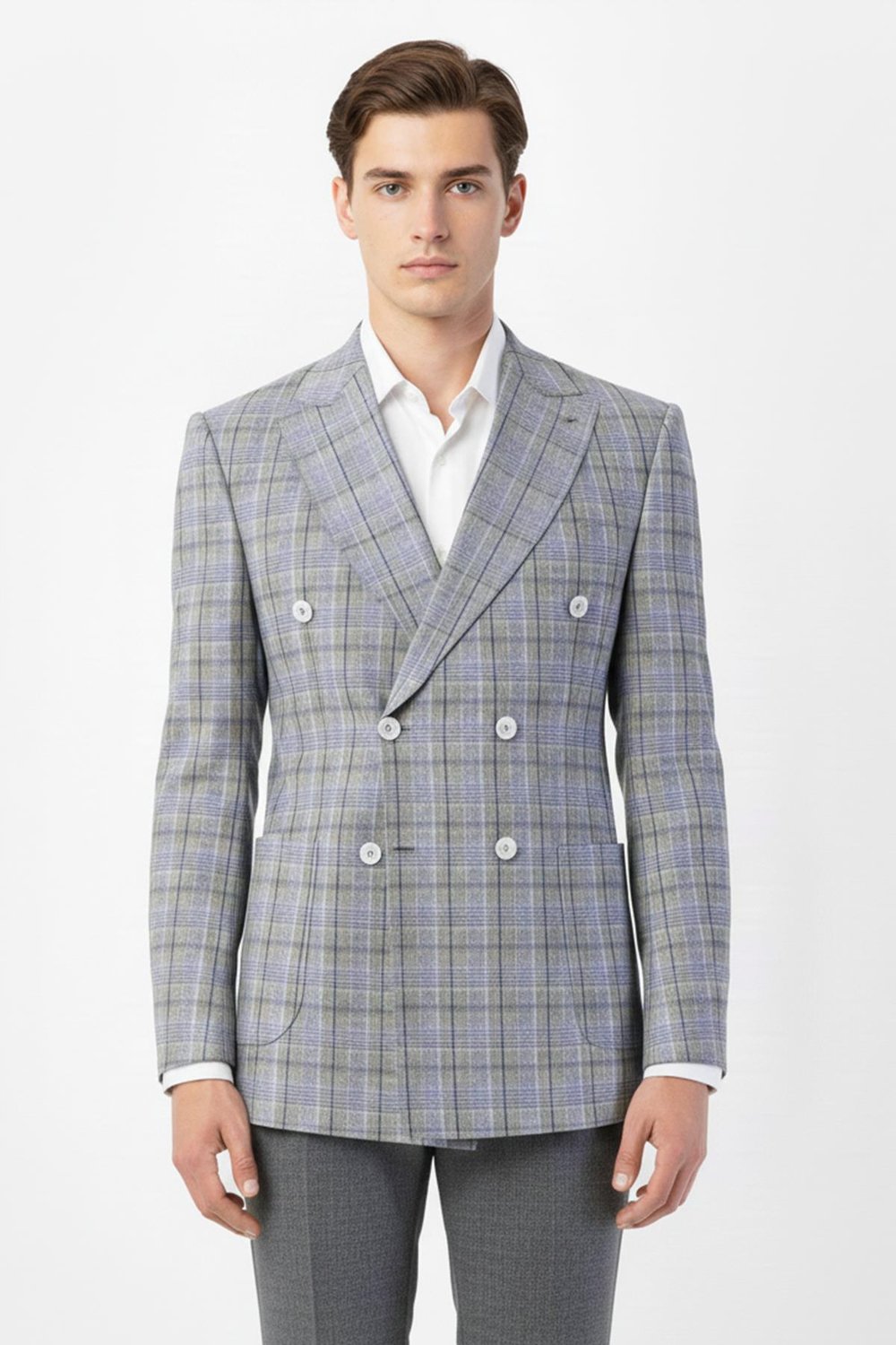 Giotelli Gri Regular Fit Sivri Yaka Kruvaze Ekose Casual Ceket