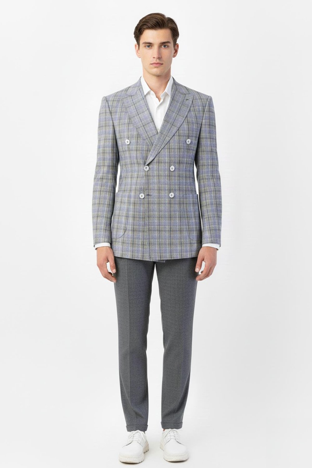 Giotelli Gri Regular Fit Sivri Yaka Kruvaze Ekose Casual Ceket