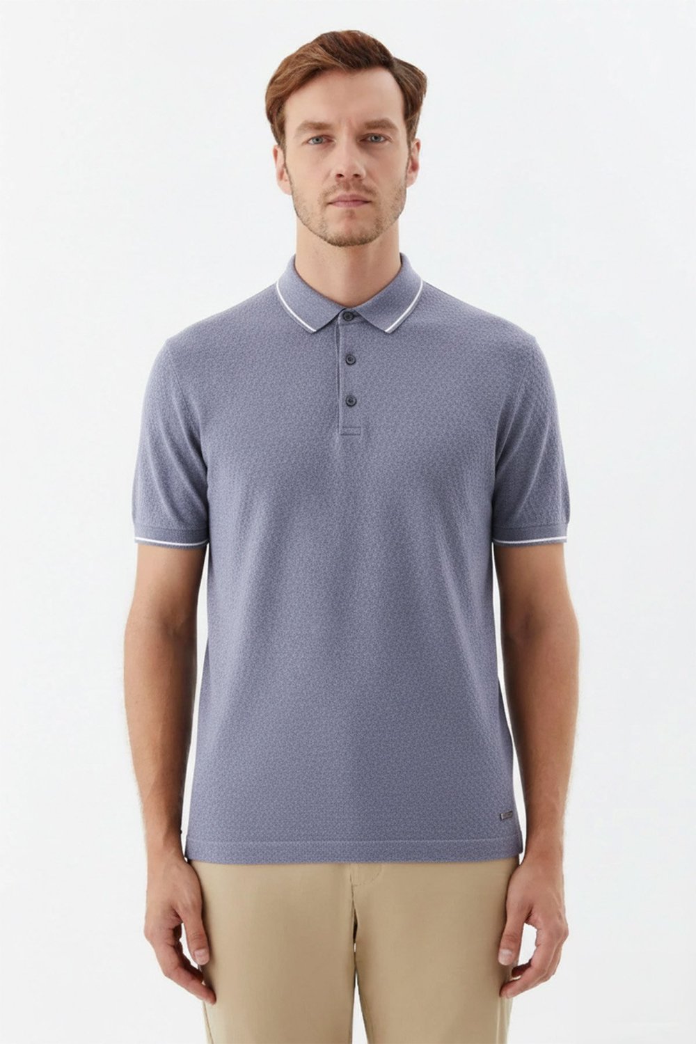 Erkek Gri Slim Fit %100 Pamuk Jakarlı Triko Polo Yaka Tişört