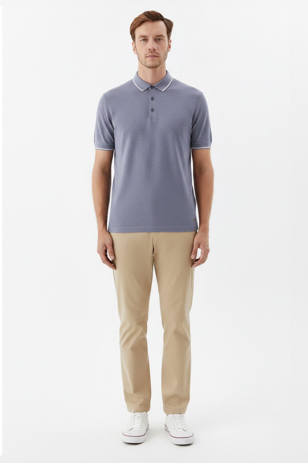 Erkek Gri Slim Fit %100 Pamuk Jakarlı Triko Polo Yaka Tişört