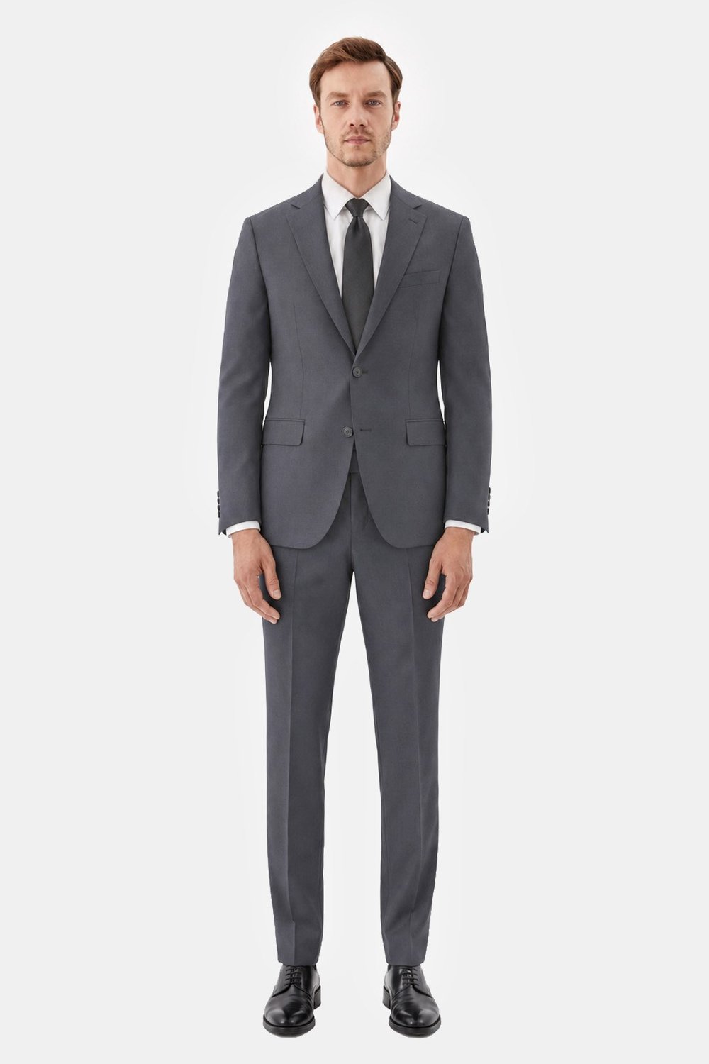 Gri Slim Fit Düz Paça 6 Drop Mono Yaka Klasik Takım Elbise