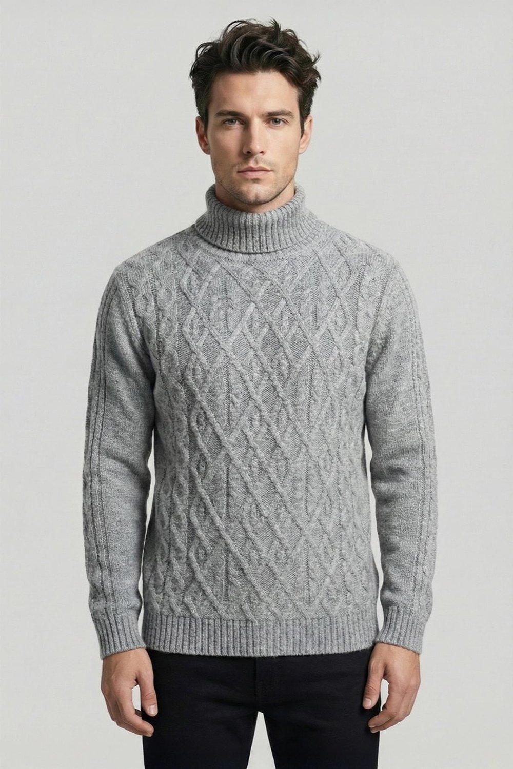 Gri Regular Fit Yünlü Desenli Tam Balıkçı Yaka Triko Kazak