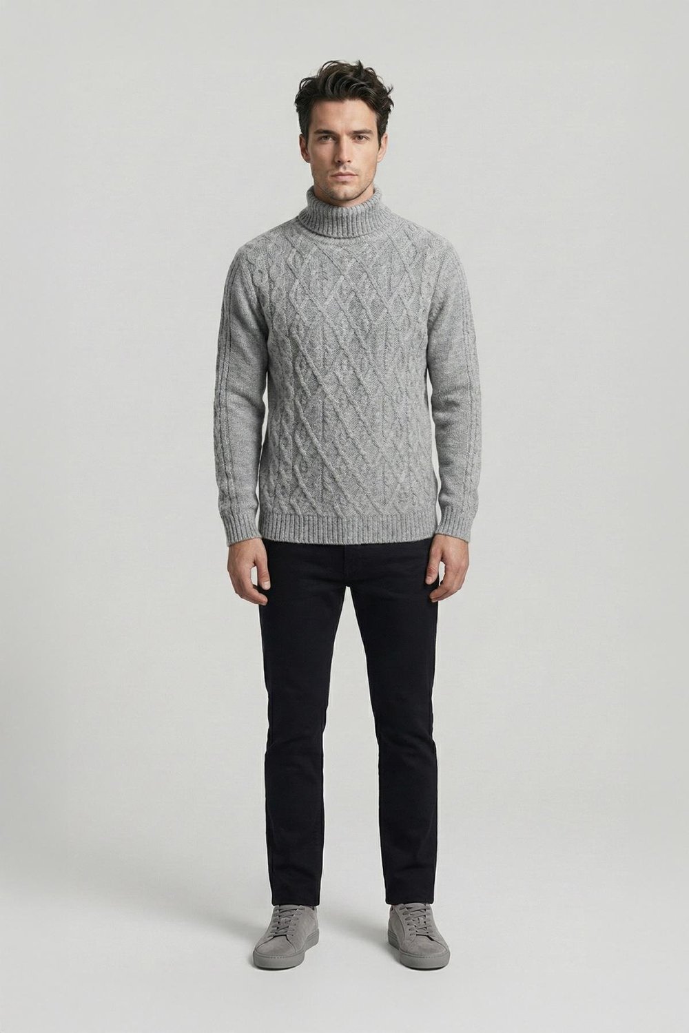 Gri Regular Fit Yünlü Desenli Tam Balıkçı Yaka Triko Kazak