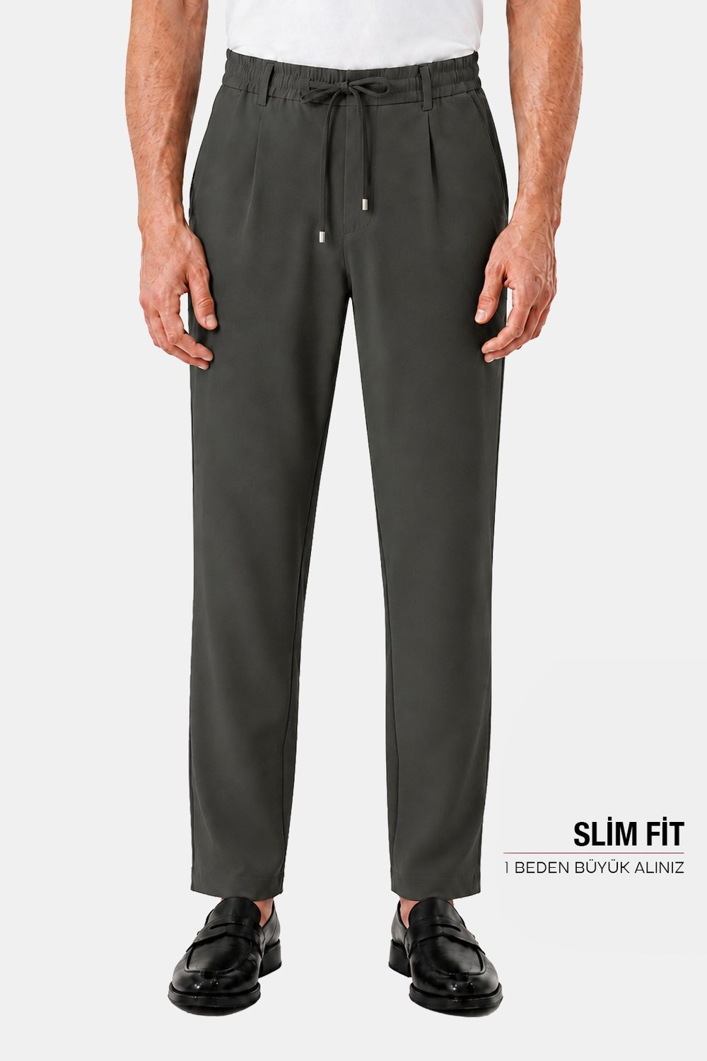 Haki Dokulu Arka Lastikli Köprü Kemerli Bağcıklı Slim Fit Jogger Pantolon