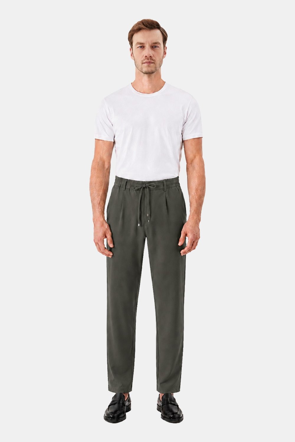 Haki Dokulu Arka Lastikli Köprü Kemerli Bağcıklı Slim Fit Jogger Pantolon