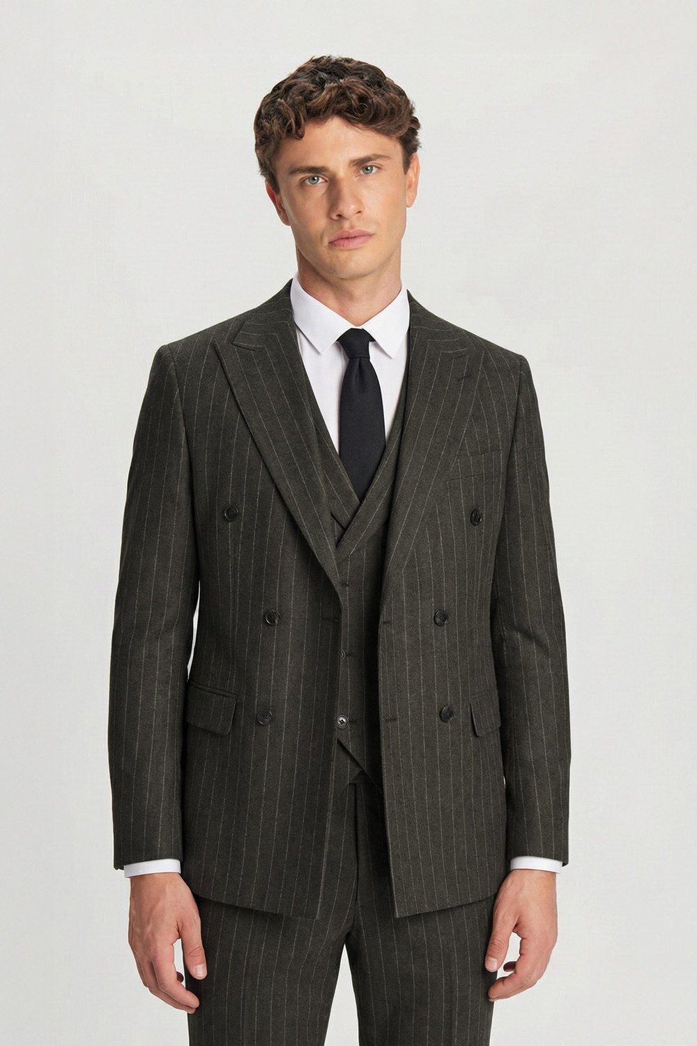 Giotelli Haki Regular Fit Çizgili Desenli Yelekli Kabanlı 4lü 6 Drop Erkek Takım Elbise Seti