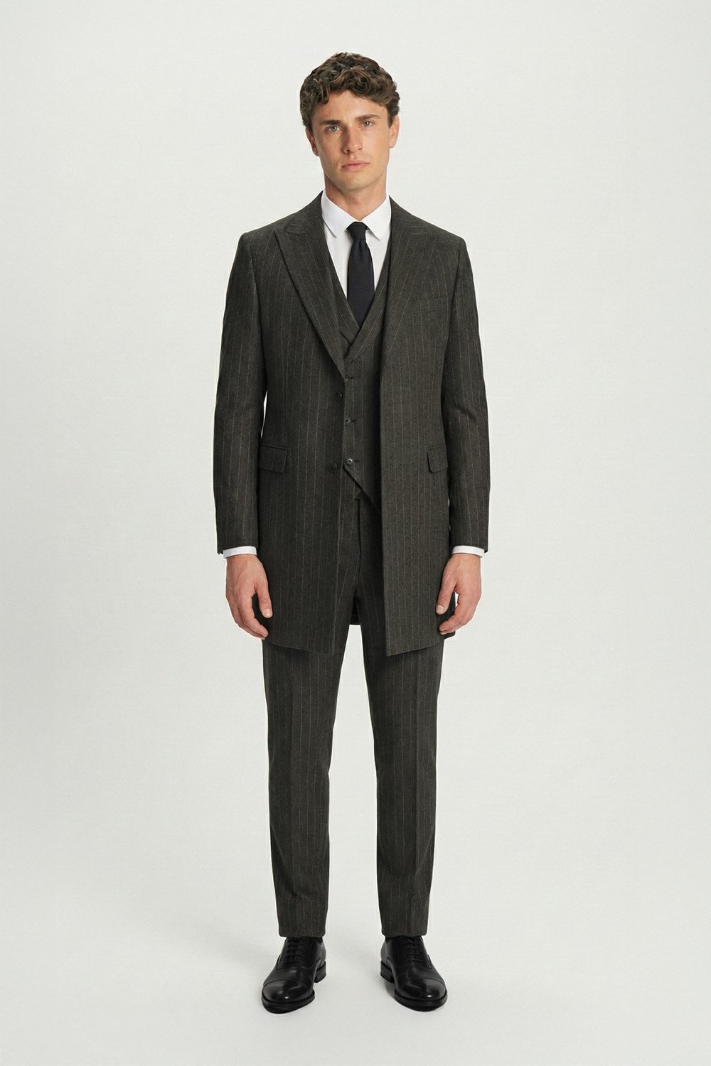 Giotelli Haki Regular Fit Çizgili Desenli Yelekli Kabanlı 4lü 6 Drop Erkek Takım Elbise Seti