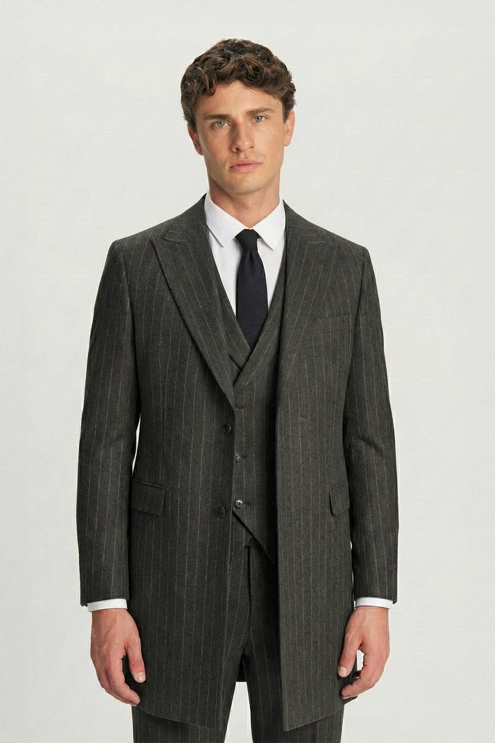 Giotelli Haki Regular Fit Çizgili Desenli Yelekli Kabanlı 4lü 6 Drop Erkek Takım Elbise Seti