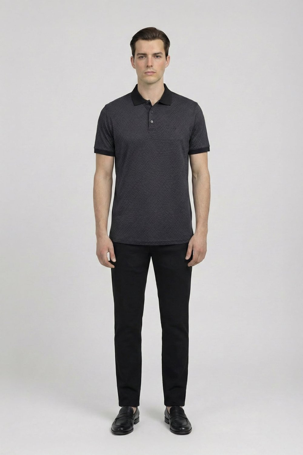 Jakar Desenli Polo Yaka Erkek T-Shirt Siyah