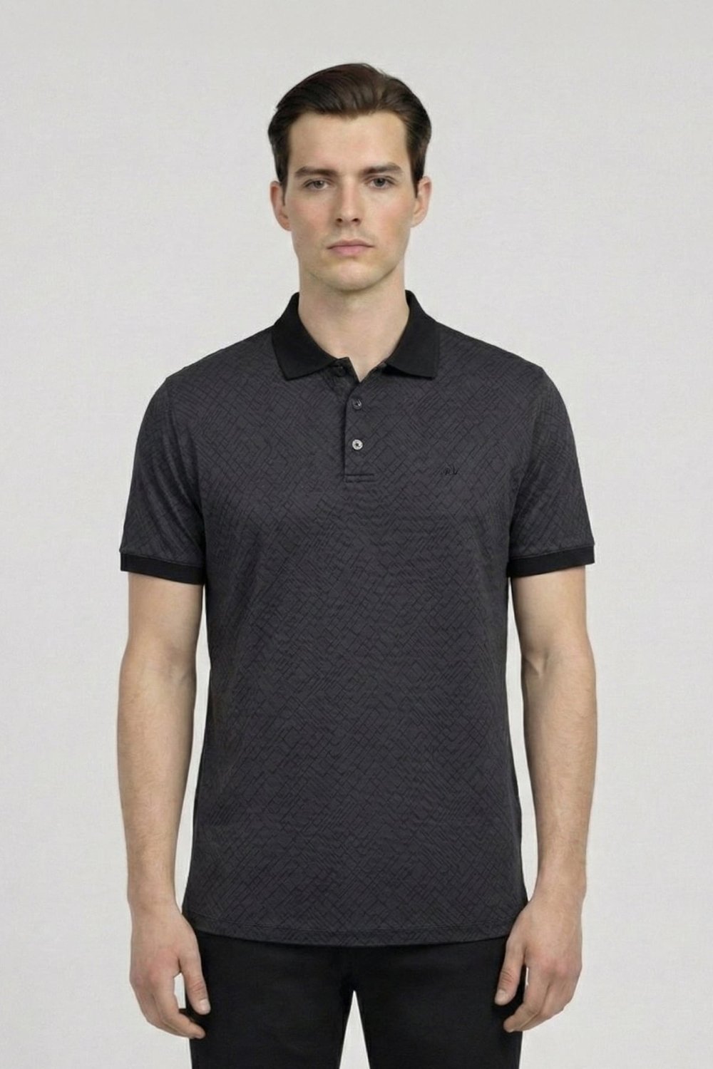 Jakar Desenli Polo Yaka Erkek T-Shirt Siyah