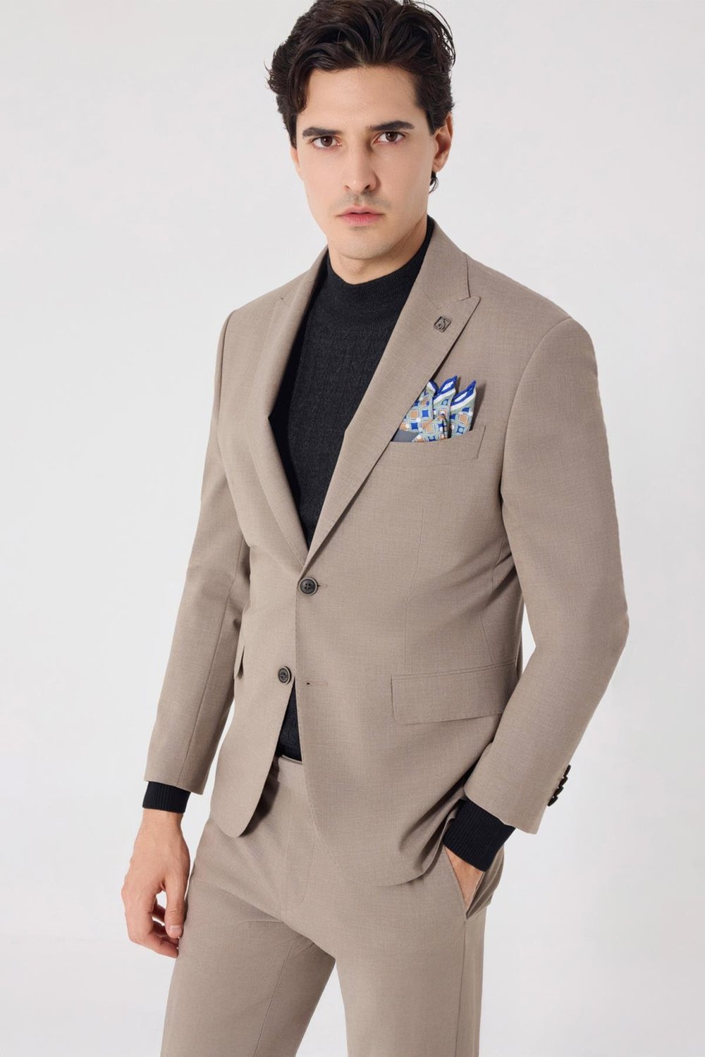 Erkek Kahve Slim Fit Ceket Yaka Düz Desenli Takım Elbise