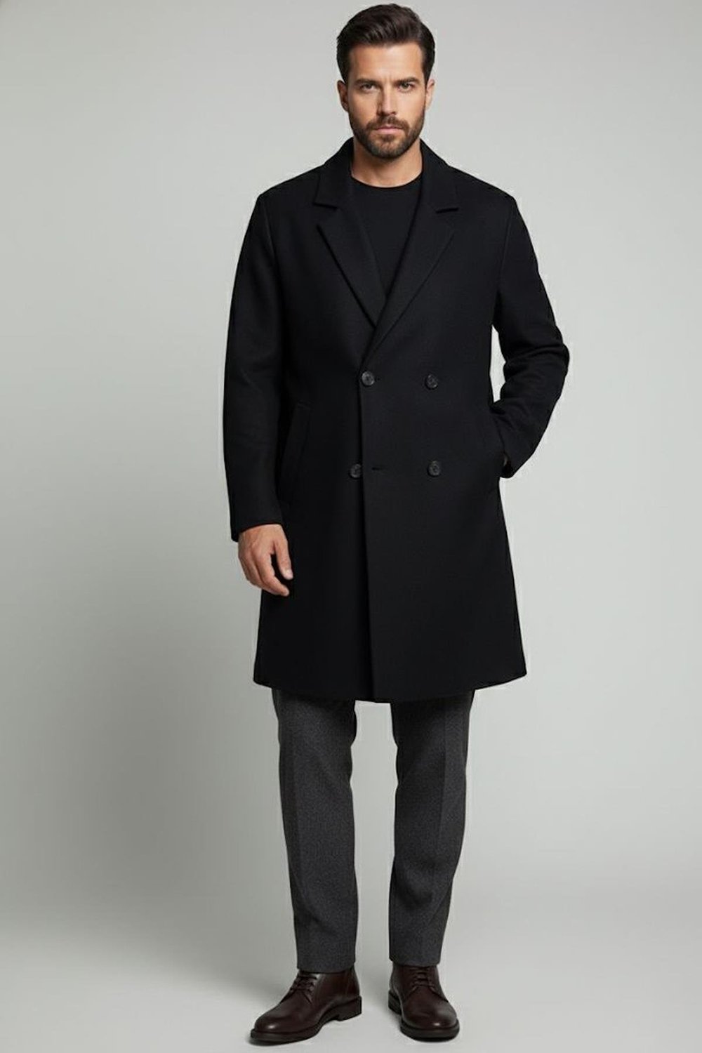 Giotelli Siyah Regular Fit Mono Yaka Yün Karışımlı Kaşe Erkek Kaban