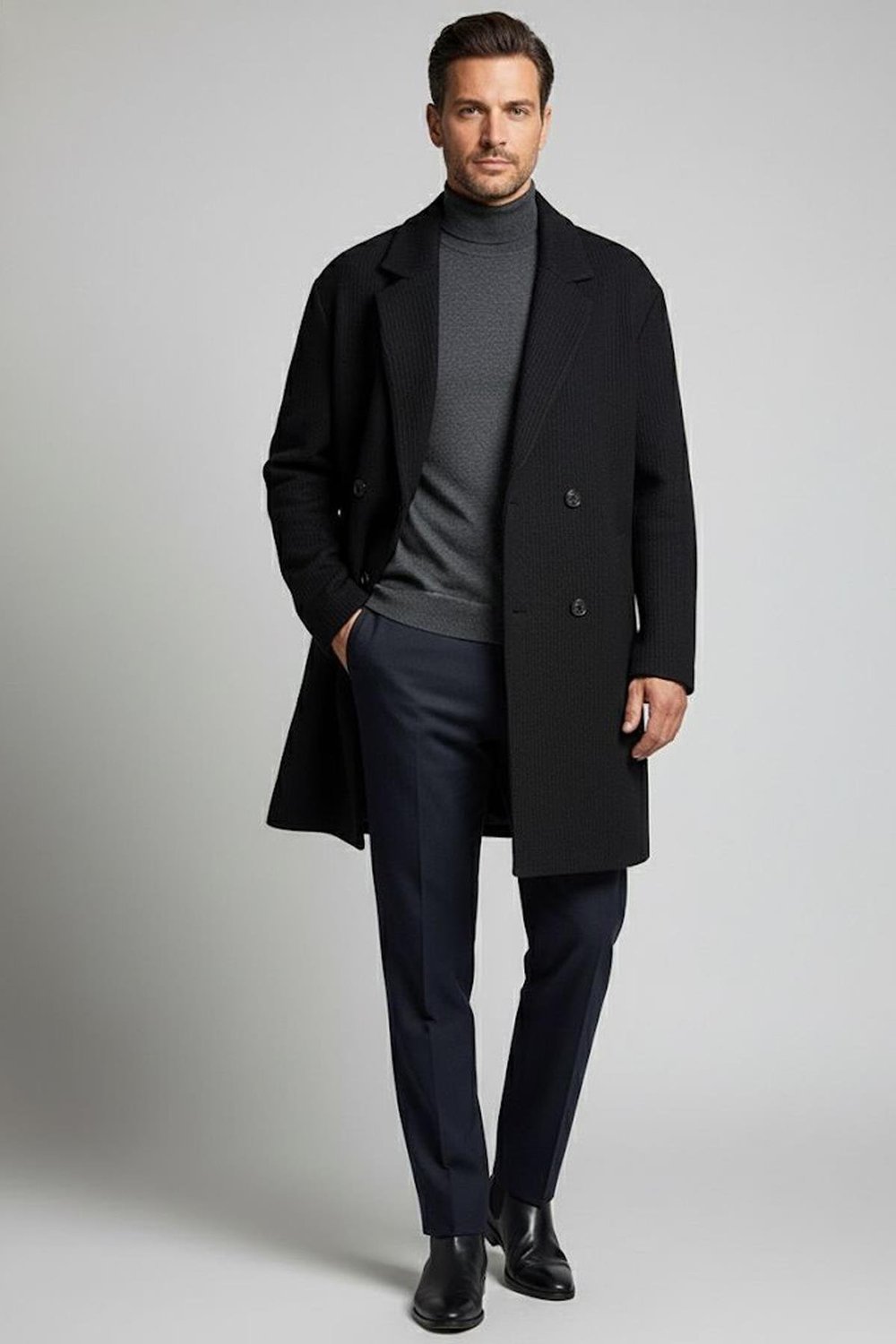 Giotelli Siyah Regular Fit Mono Yaka Yün Karışımlı Kaşe Erkek Kaban