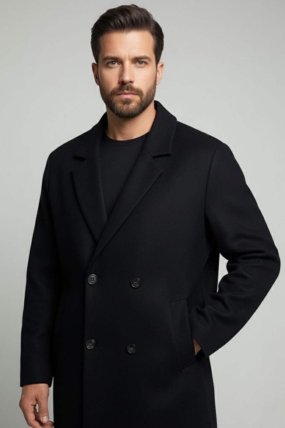 Giotelli Siyah Regular Fit Mono Yaka Yün Karışımlı Kaşe Erkek Kaban