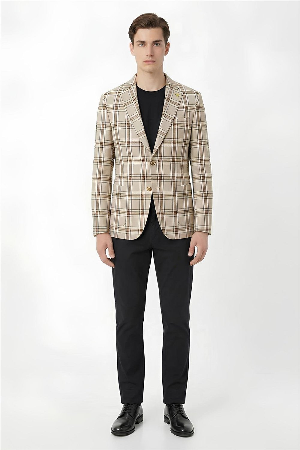Giotelli Kahve Ekose Mono Yaka Comfort Kalıp 6 Drop Kemerli Bel Astarsız Erkek Ceket