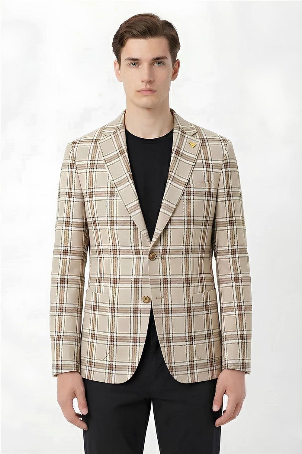 Giotelli Kahve Ekose Mono Yaka Comfort Kalıp 6 Drop Kemerli Bel Astarsız Erkek Ceket