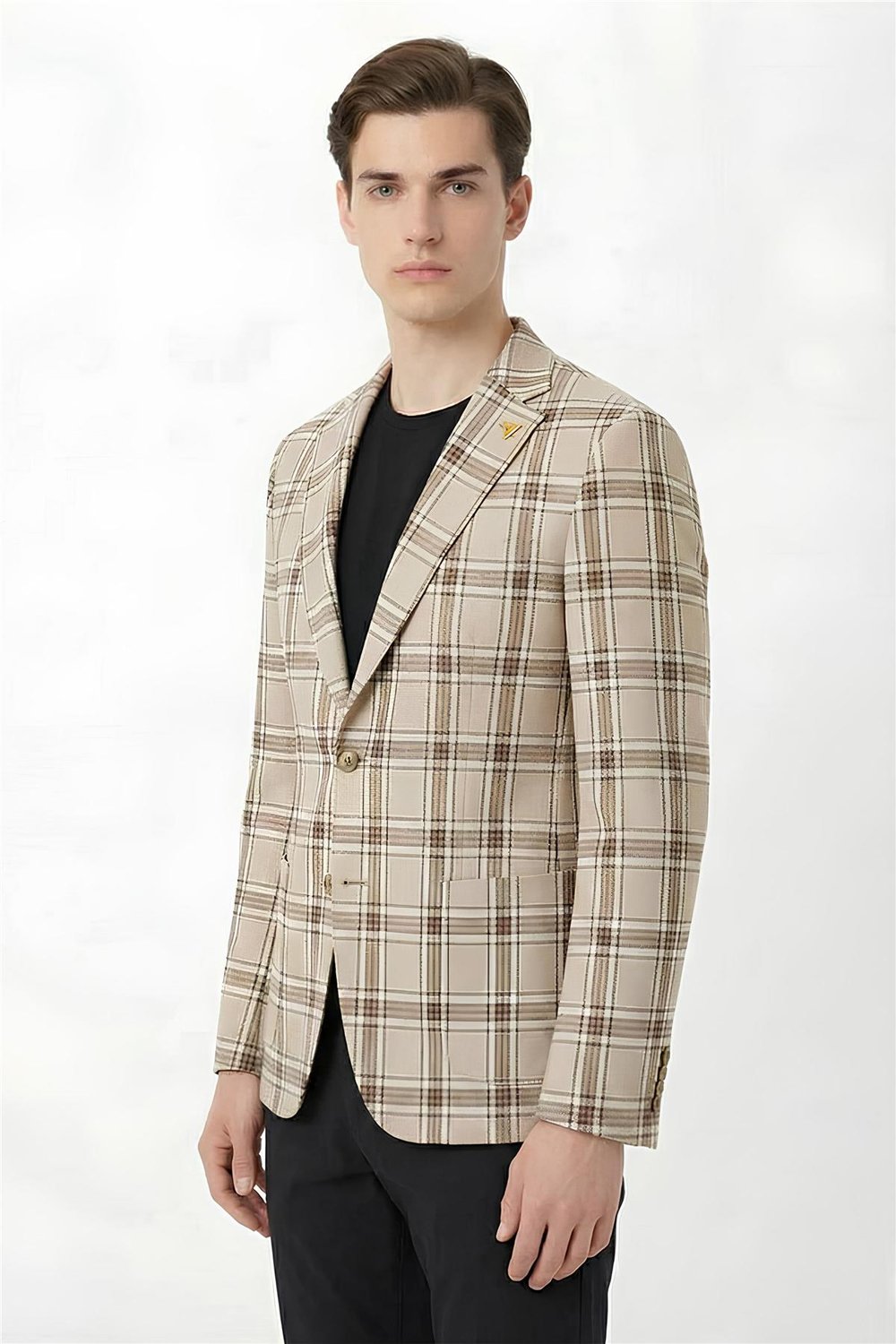 Giotelli Kahve Ekose Mono Yaka Comfort Kalıp 6 Drop Kemerli Bel Astarsız Erkek Ceket