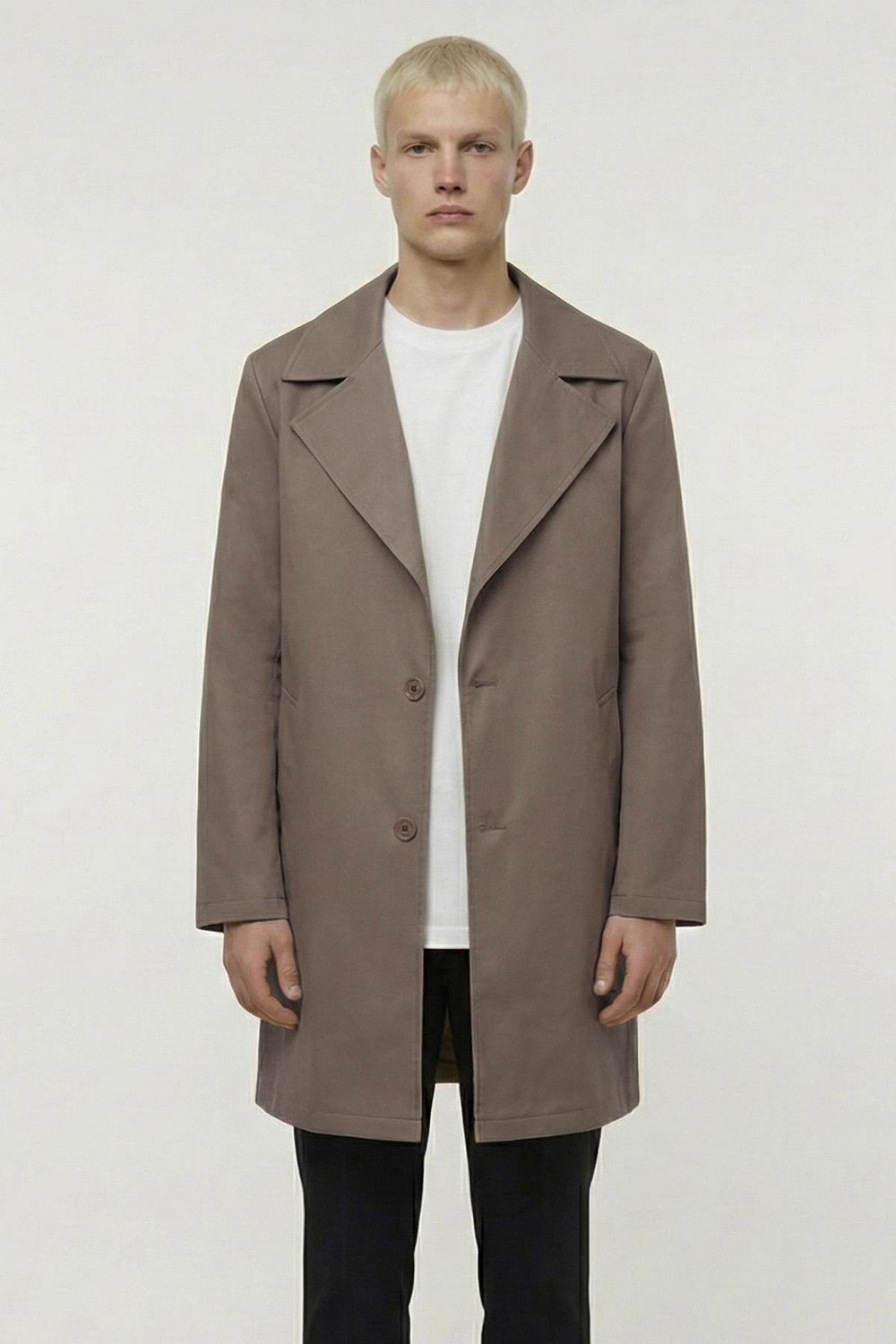 Kahve Oversize Fit Pamuklu Mono Yaka Yan Cepli Orta Boy Erkek Trençkot