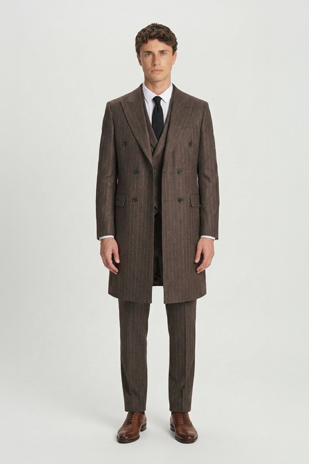 Giotelli Kahve Regular Fit Çizgili Desenli Yelekli Kabanlı 4lü Takım Elbise Seti