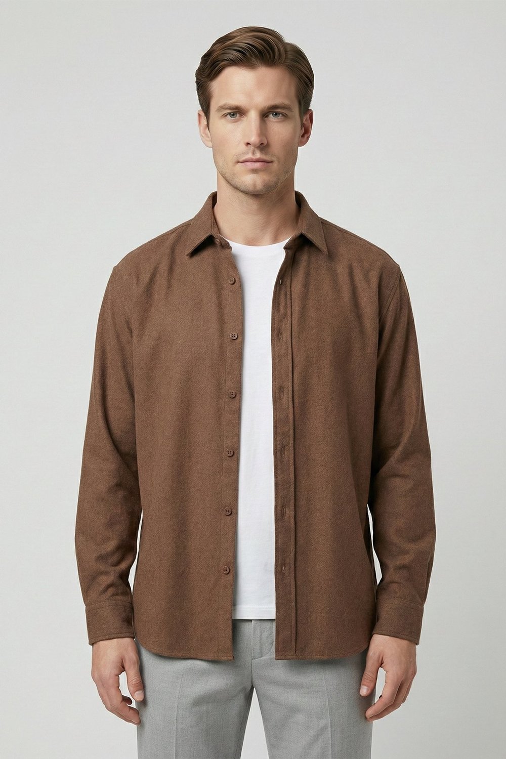 Kahve Regular Fit Pamuklu Uzun Kollu Düz Polo Yaka Erkek Oduncu Gömlek