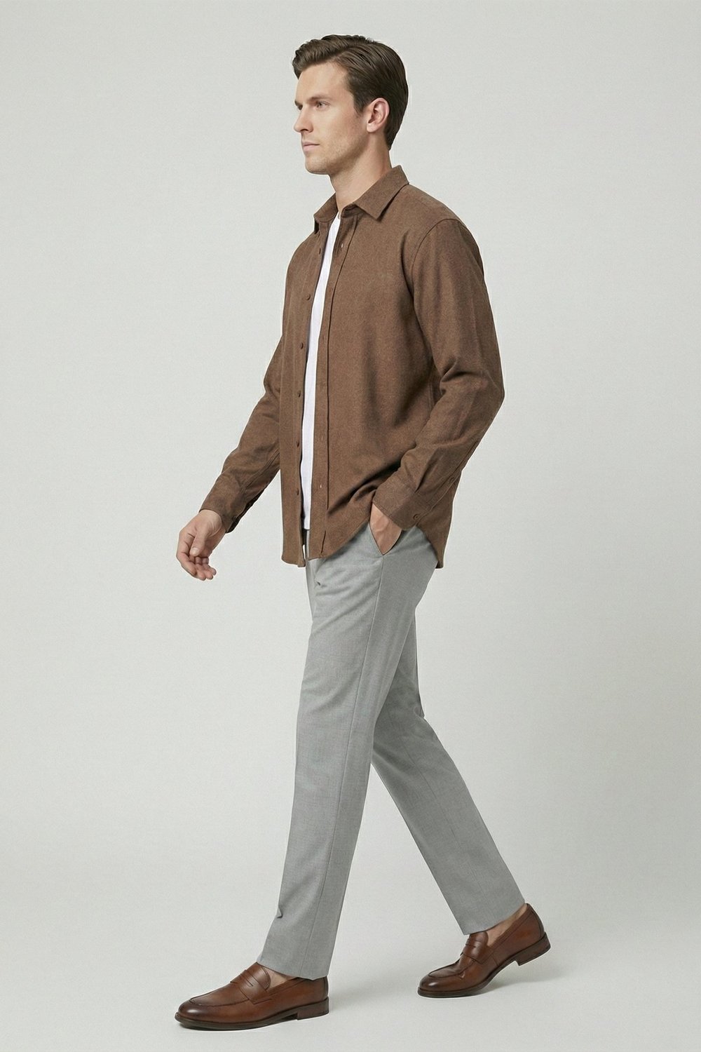 Kahve Regular Fit Pamuklu Uzun Kollu Düz Polo Yaka Erkek Oduncu Gömlek