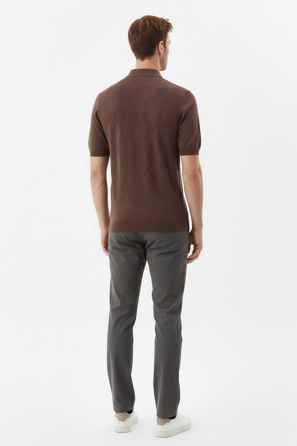 Erkek Kahve Slim Fit %100 Pamuk Desenli Triko Polo Yaka Tişört