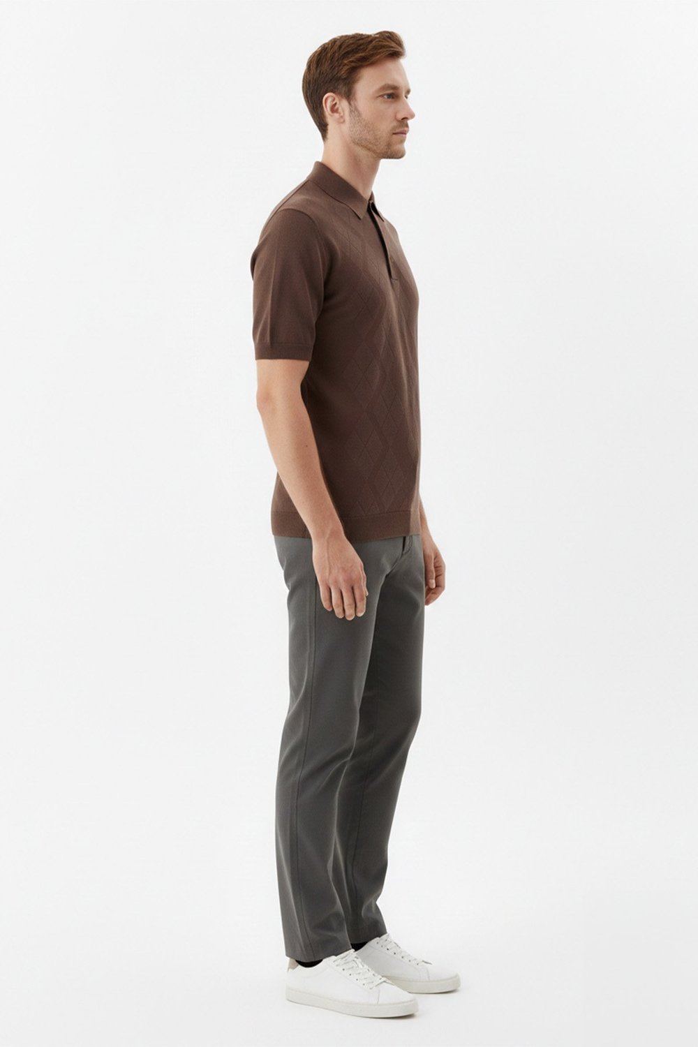 Erkek Kahve Slim Fit %100 Pamuk Desenli Triko Polo Yaka Tişört