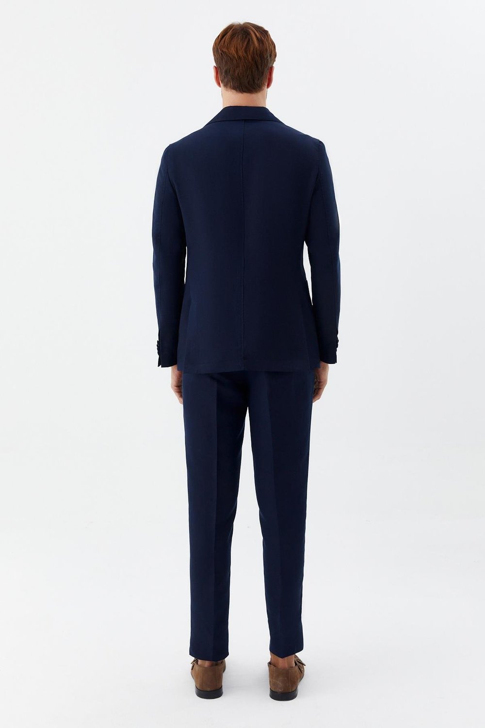 Erkek Lacivert Regular Fit Mono Yaka Keten Karışımlı Takım Elbise