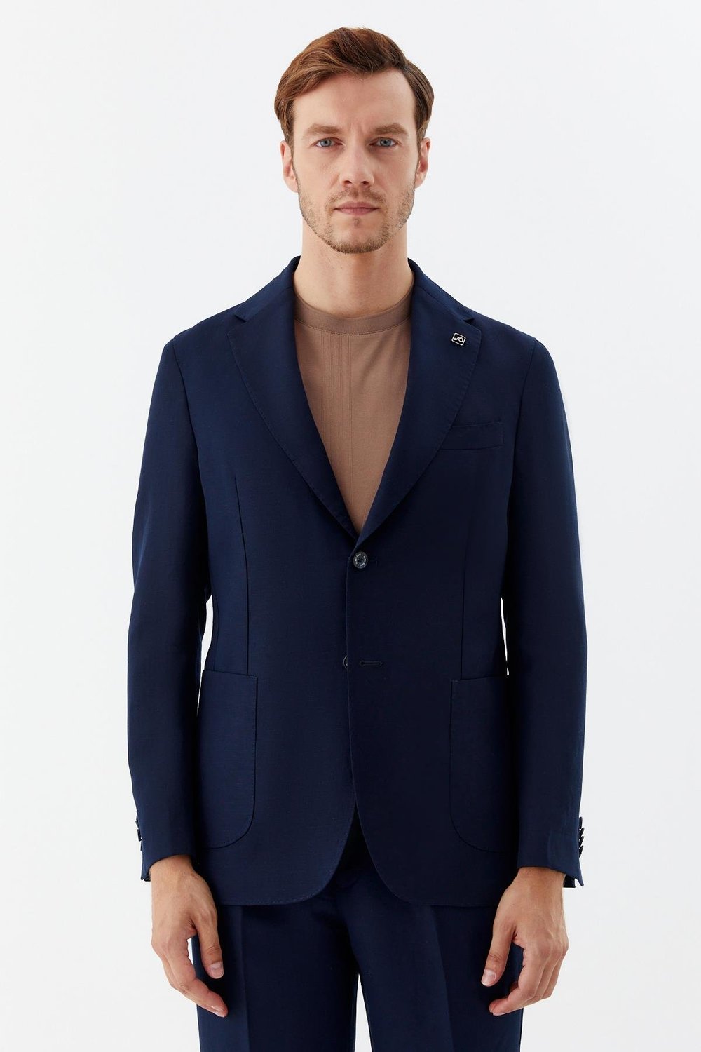 Erkek Lacivert Regular Fit Mono Yaka Keten Karışımlı Takım Elbise