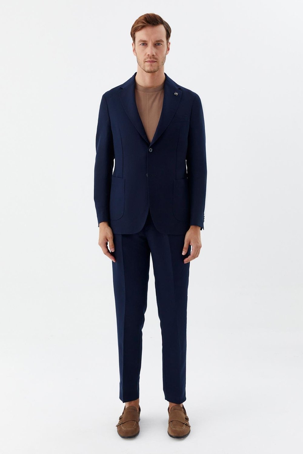 Erkek Lacivert Regular Fit Mono Yaka Keten Karışımlı Takım Elbise