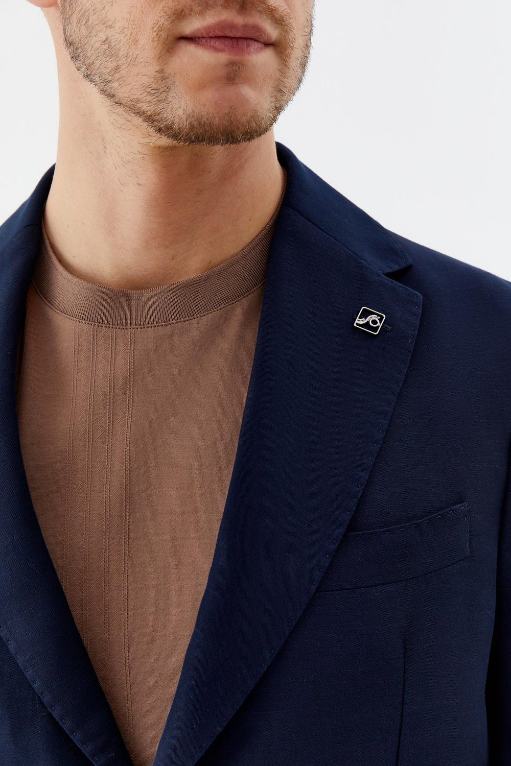 Erkek Lacivert Regular Fit Mono Yaka Keten Karışımlı Takım Elbise