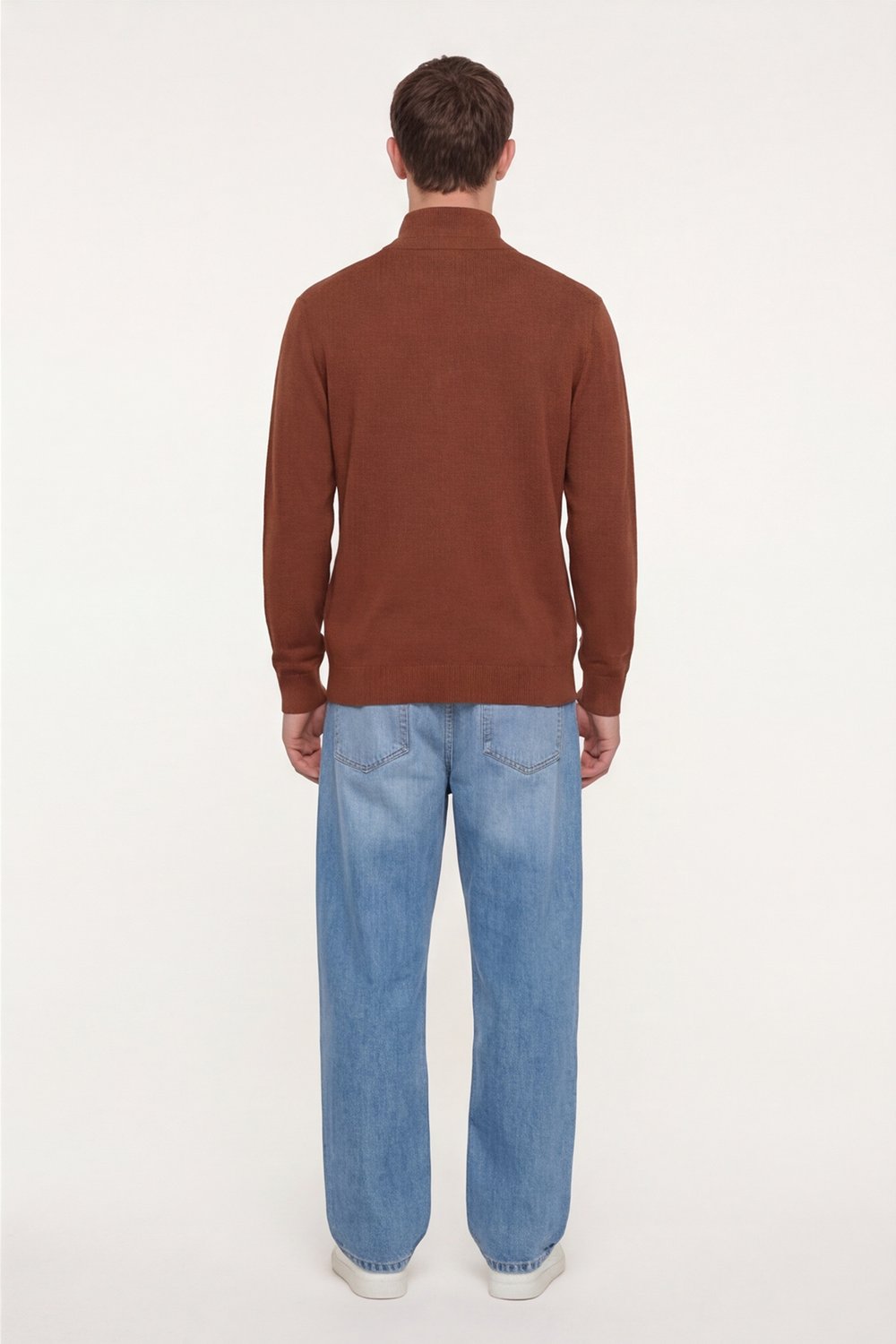 Erkek Kiremit Normal Kesim Regular Fit Yünlü Fermuarlı Dik Yaka Triko Kazak