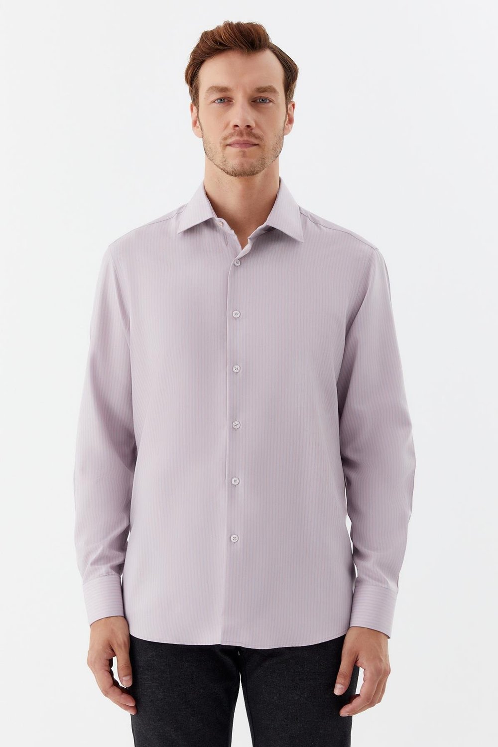 Erkek Fuşya Çizgili Klasik Yaka Regular Fit Gömlek
