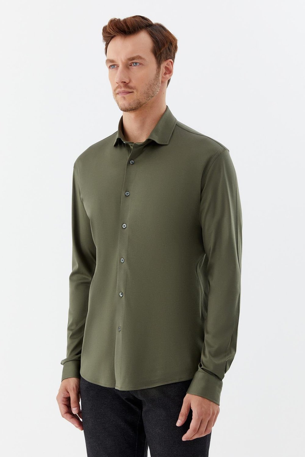 Erkek Haki Düz Klasik Yaka Slim Fit Gömlek