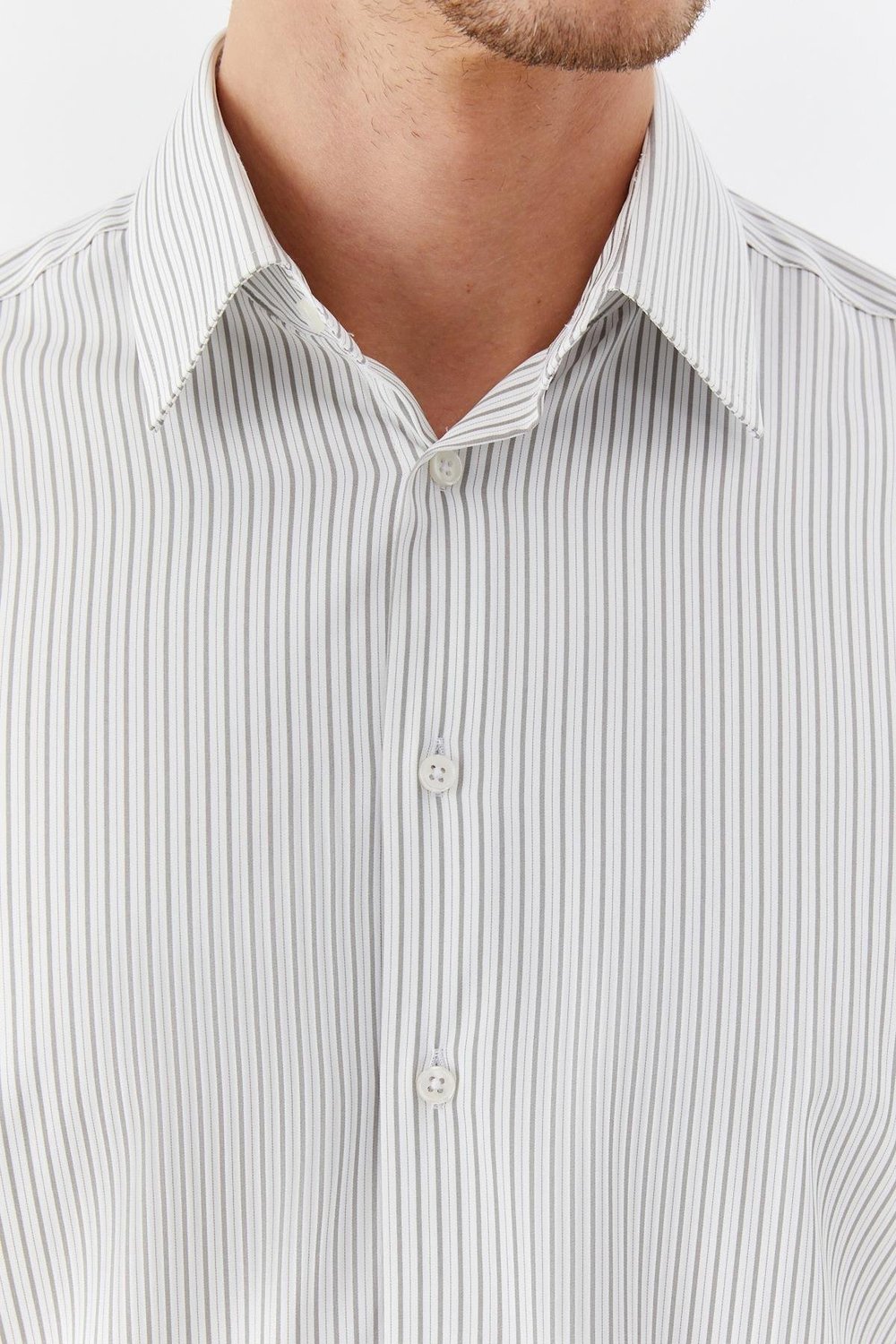 Erkek Haki Çizgili Klasik Yaka Slim Fit Gömlek