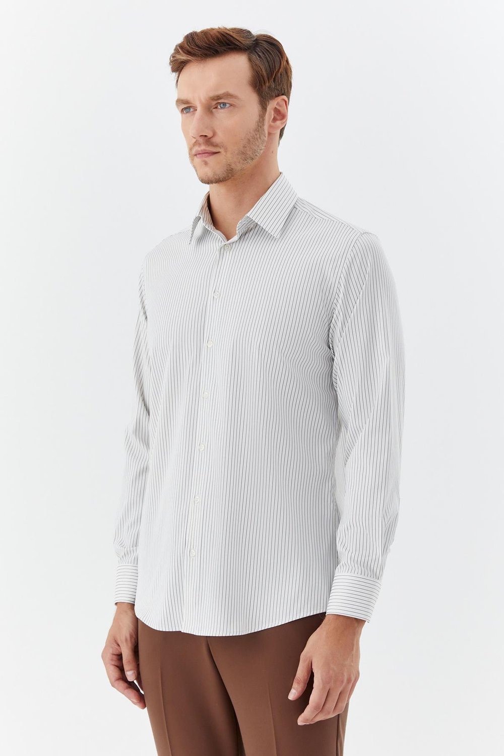 Erkek Haki Çizgili Klasik Yaka Slim Fit Gömlek