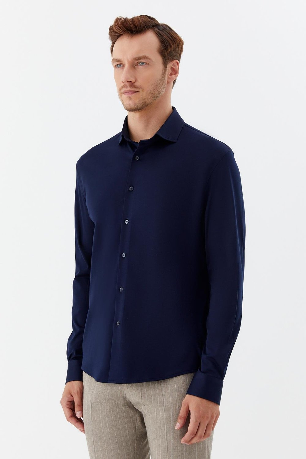 Erkek Lacivert Düz Klasik Yaka Slim Fit Gömlek