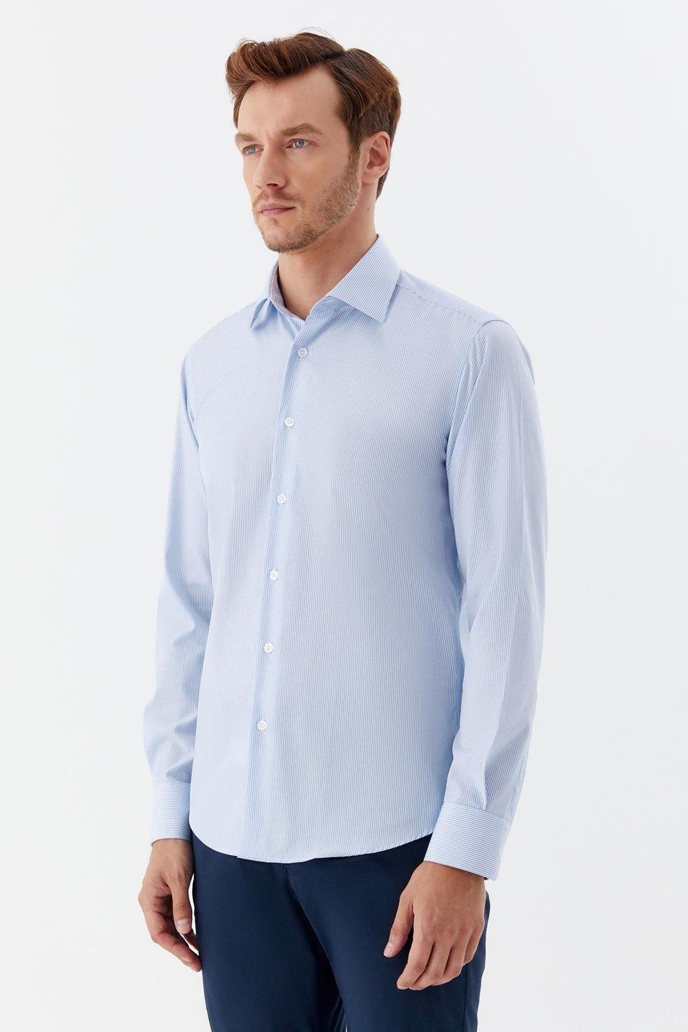Erkek Mavi Çizgili Klasik Yaka Regular Fit Gömlek
