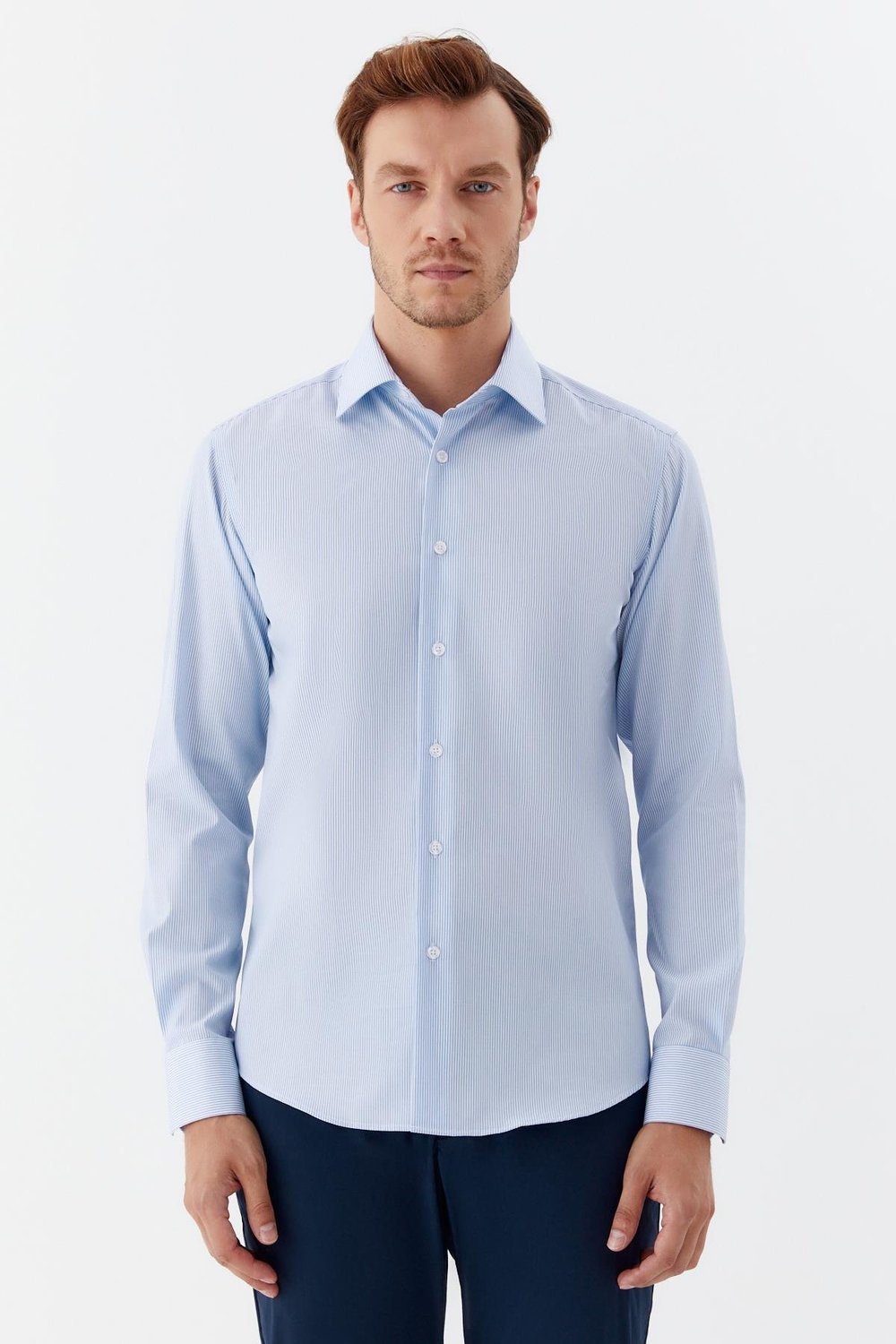 Erkek Mavi Çizgili Klasik Yaka Regular Fit Gömlek