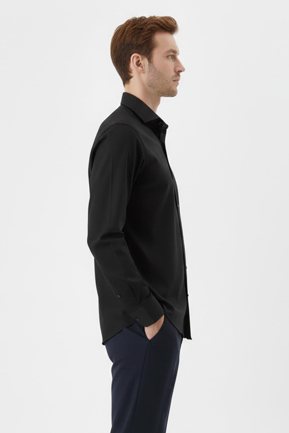 Erkek Siyah Düz Örme Klasik Yaka Slim Fit Gömlek