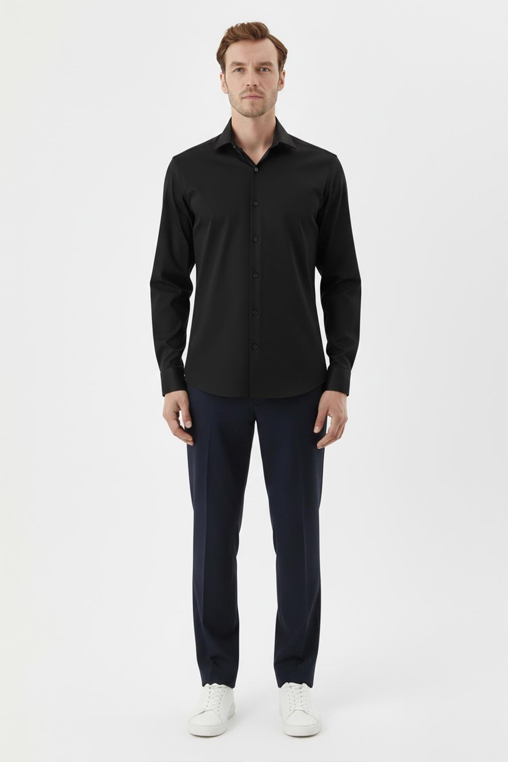 Erkek Siyah Düz Örme Klasik Yaka Slim Fit Gömlek