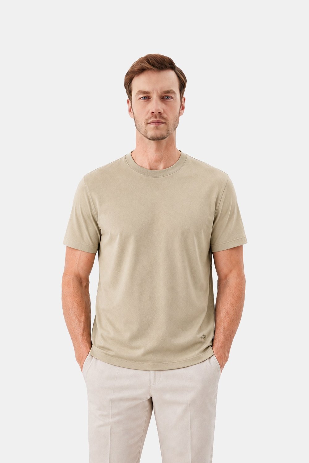 Koyu Krem %100 Pamuk Regular Fit Dokuma Bisiklet Yaka Basic T-Shirt