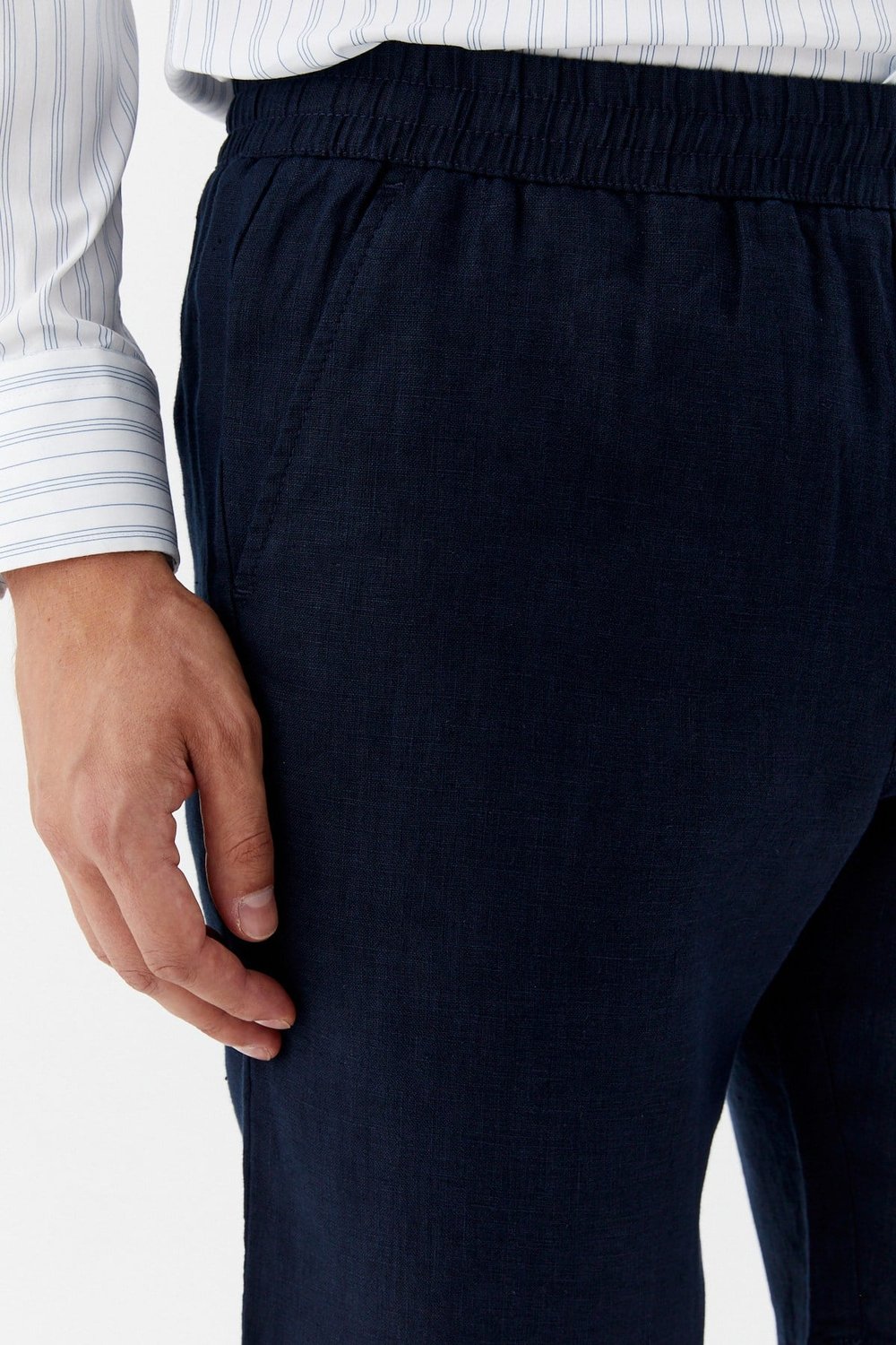Koyu Lacivert %100 Keten Regular Fit Beli Lastikli Bermuda Şort