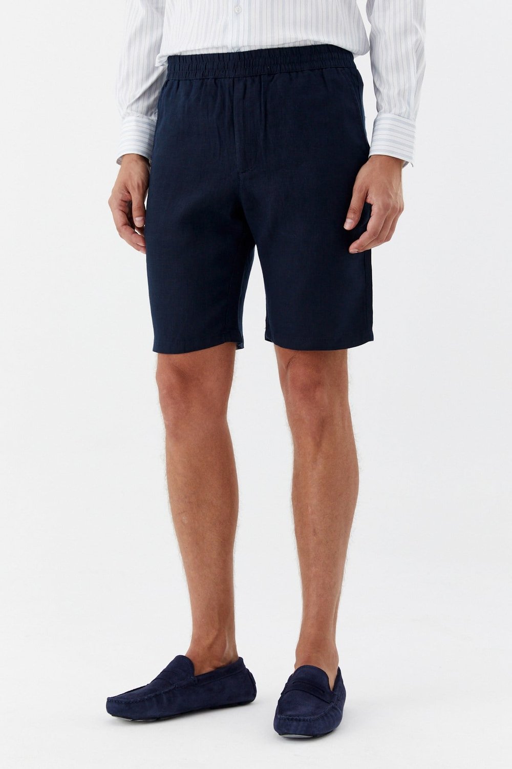 Koyu Lacivert %100 Keten Regular Fit Beli Lastikli Bermuda Şort