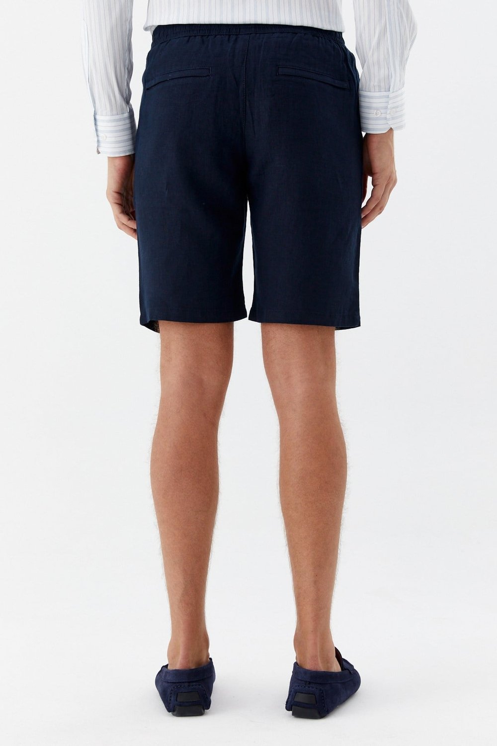 Koyu Lacivert %100 Keten Regular Fit Beli Lastikli Bermuda Şort