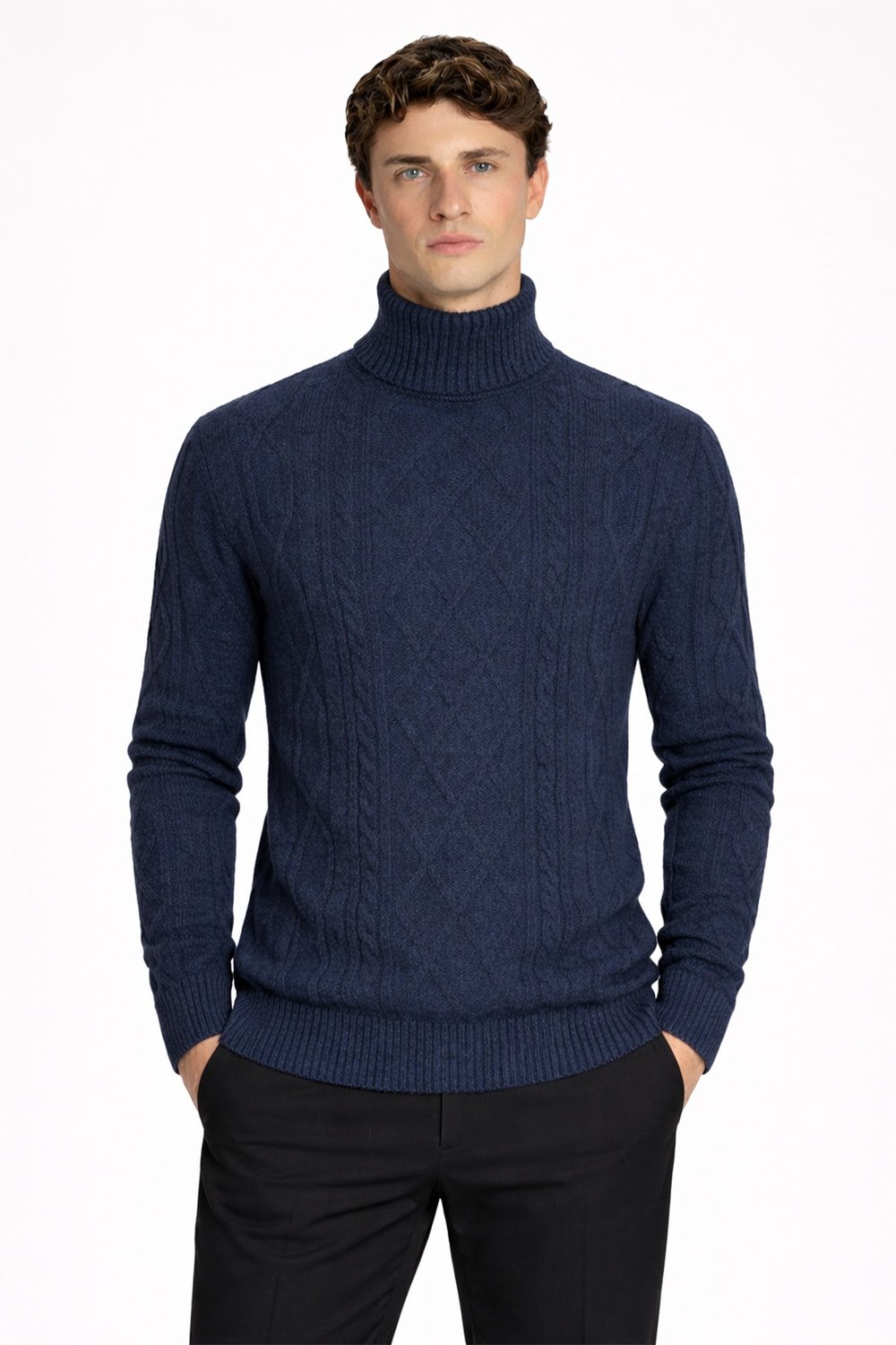 Koyu Lacivert Regular Fit Yün Karışımlı Desenli Tam Balıkçı Yaka Erkek Triko Kazak