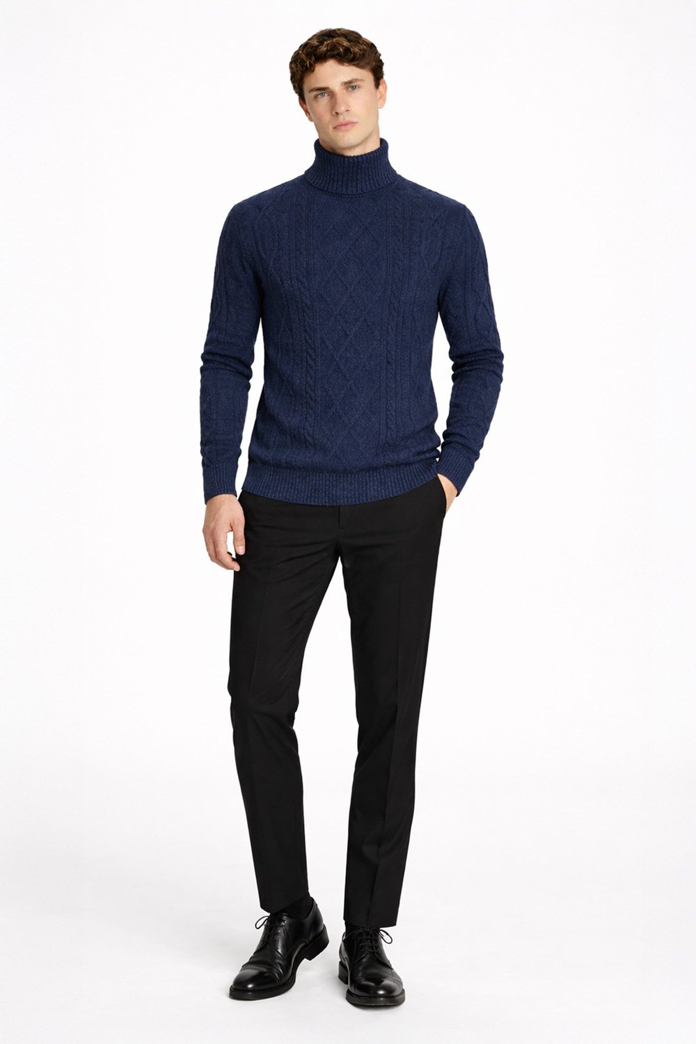 Koyu Lacivert Regular Fit Yün Karışımlı Desenli Tam Balıkçı Yaka Erkek Triko Kazak